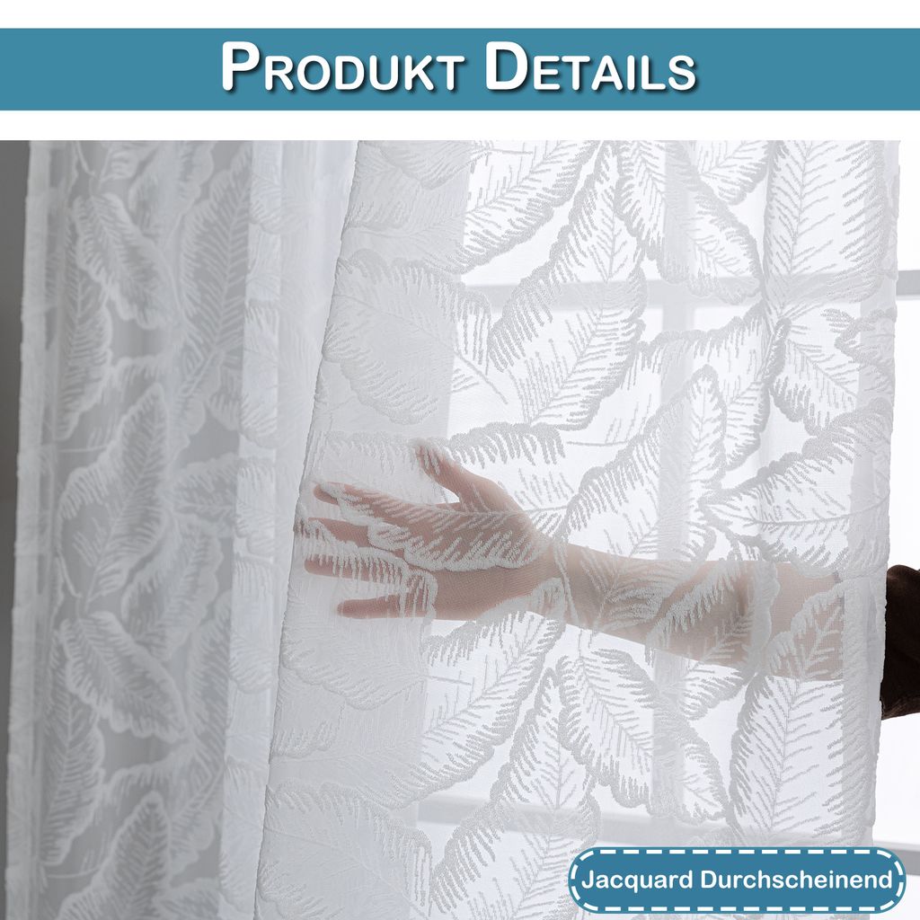 132x241cm Voile Gardinen 2 Stück,Gardinen Weiss Transparent Jacquard 3D-Blättern,Spitze Vorhänge Multifunktionsband für Wohnzimmer Schlafzi...