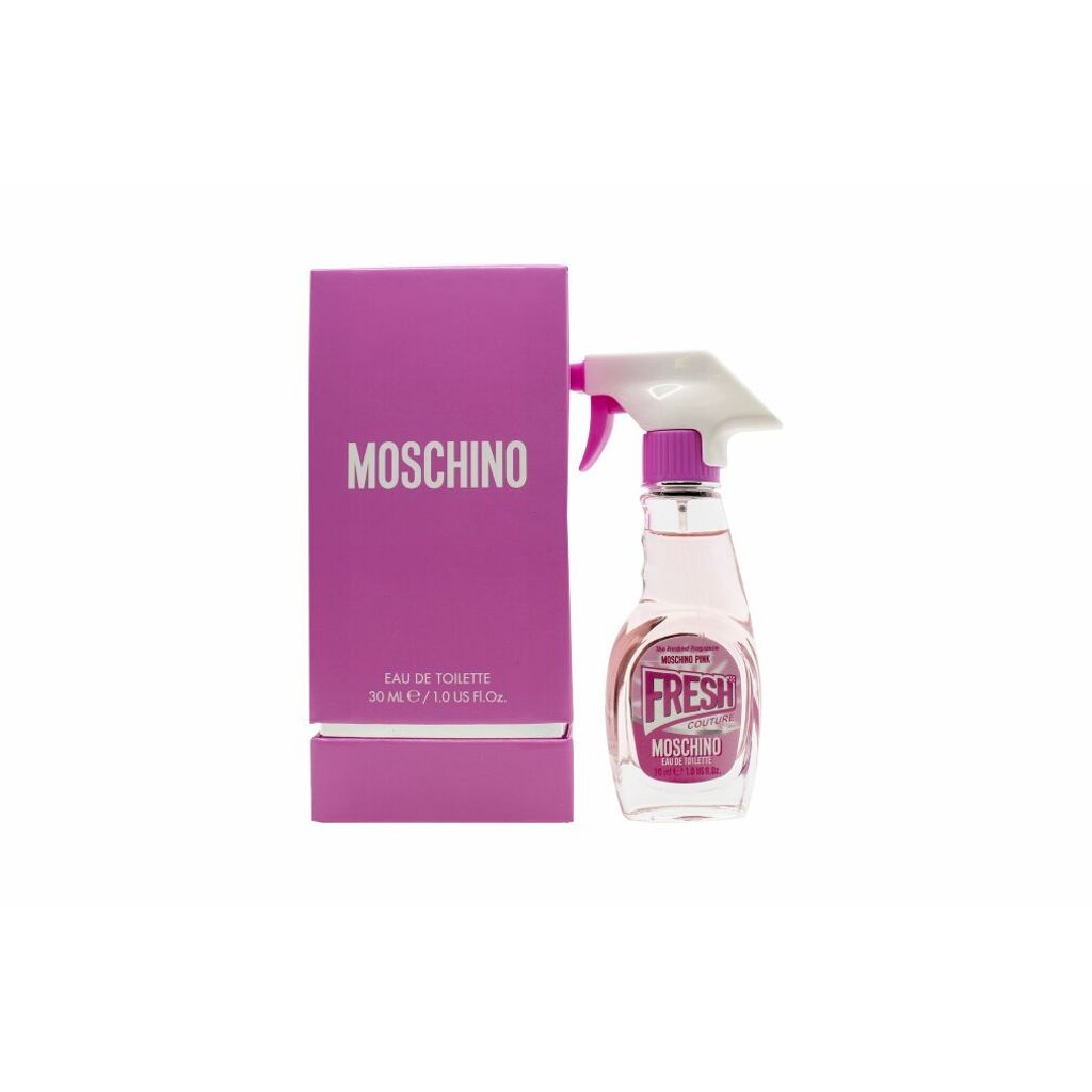A product shot of Moschino Fresh Couture Eau de Toilette for women, including its packaging box and the perfume bottle.