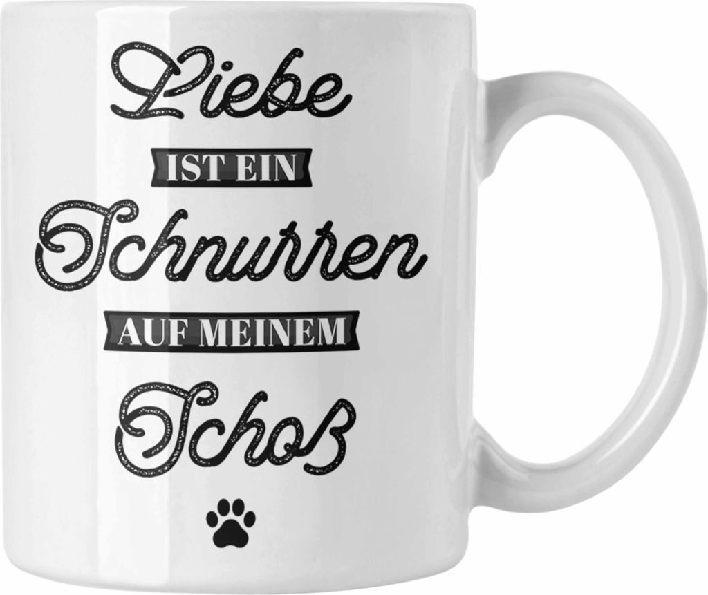 Trendation - Katze Tasse Geschenk Spruch Geschenkidee für Katzen-Mama Papa Katzenliebhaber Liebe Ist Ein Schnurren Auf Meinem Schoß (Weiß)