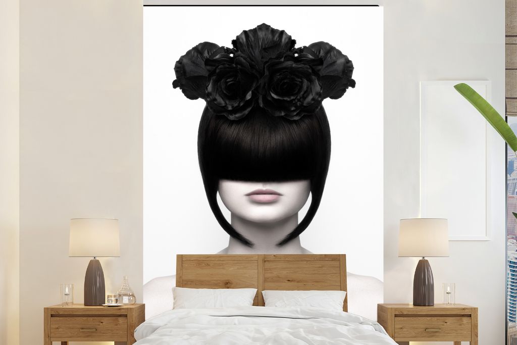 MuchoWow Fototapete für Wohnzimmer oder Schlafzimmer Wandtapete Vinyl Motivtapete Porträt - Frau - Rosen - Abstrakt - Schwarz-Weiß - 170x260 c...