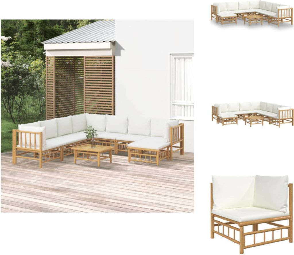 vidaXL 9-tlg. Garten-Lounge-Set mit Cremeweißen Kissen Bambus - Gartenmöbel-Sets