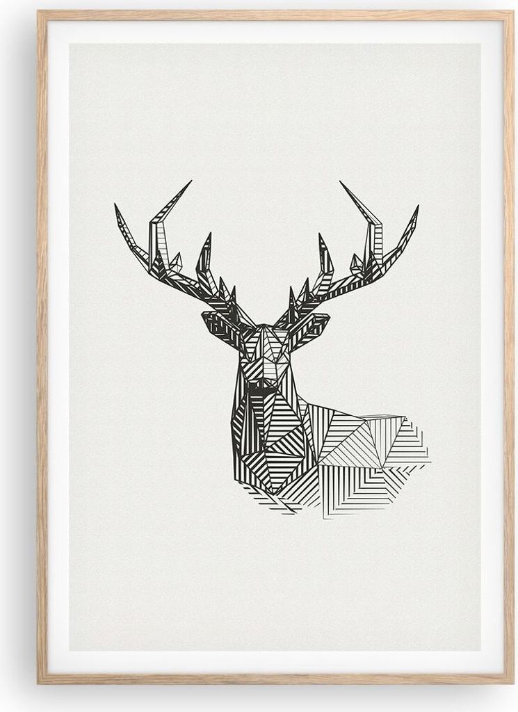Gerahmtes Poster - Rahmen in heller Eiche - Hirsch Skizze Skandinavisch - 70x100 cm - Wand Bild - Wanddeko - Wandbilder - Kunstposter - Wandposter ...