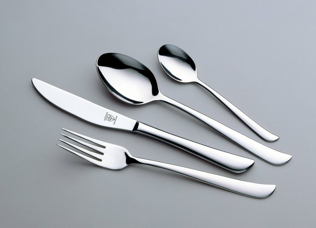 A set of cutlery on a plain gray background.