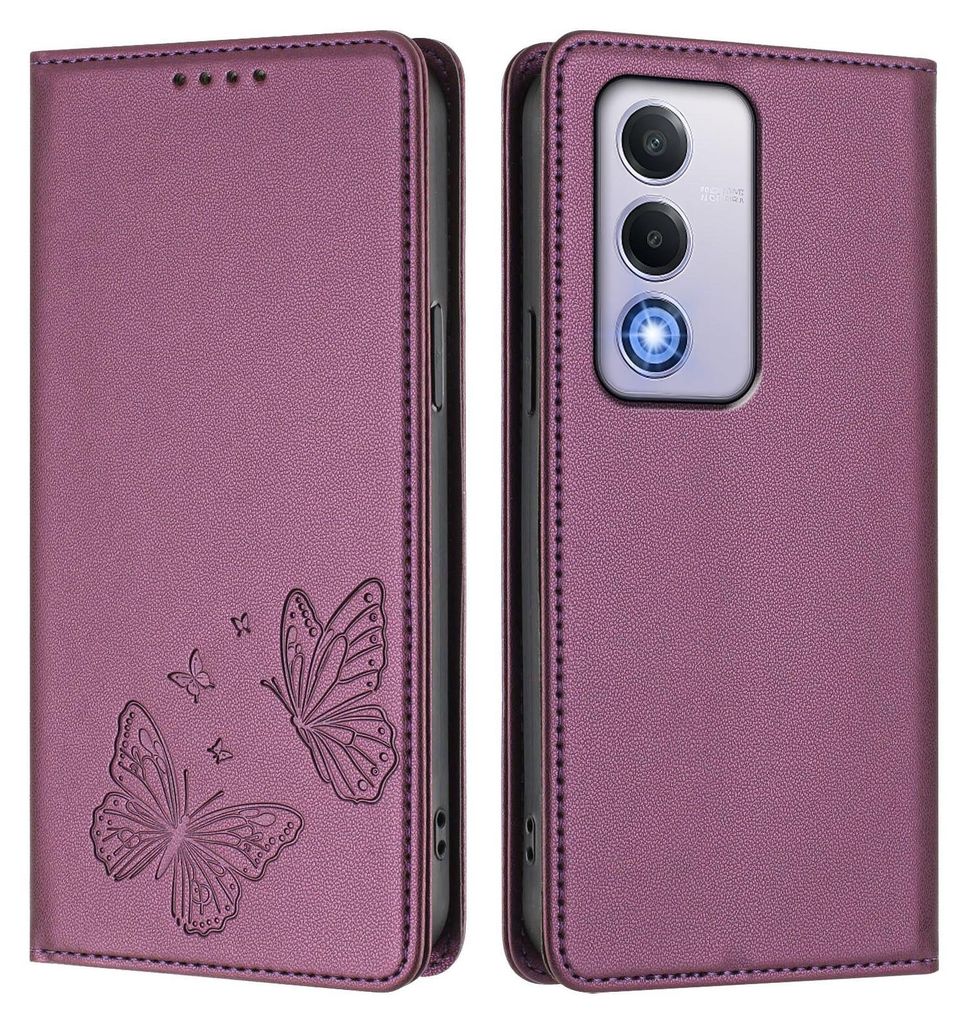 Lederhülle für Oppo A80 5G, Schmetterling Prägung Leder Brieftasche Schutzhülle mit Ständer Lila