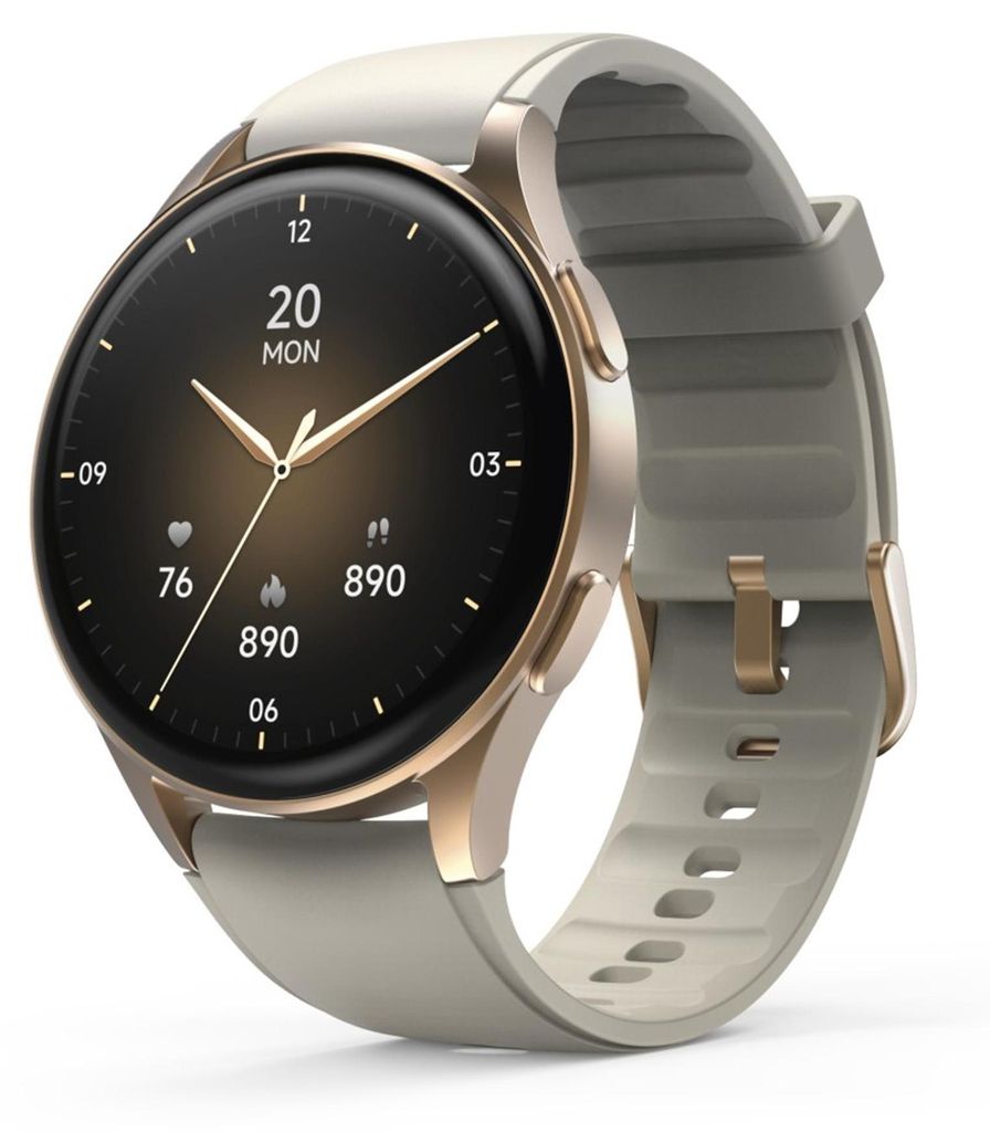 A close-up studio shot of a gold and gray smartwatch with a black face.