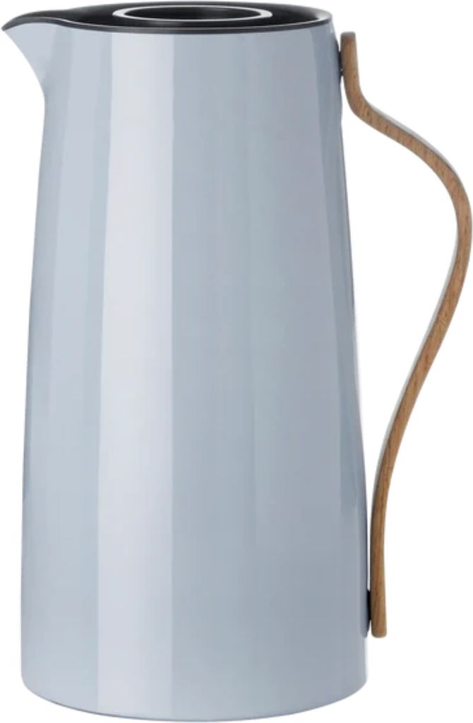 A light blue carafe with a wooden handle and black lid, isolated on a white background.
