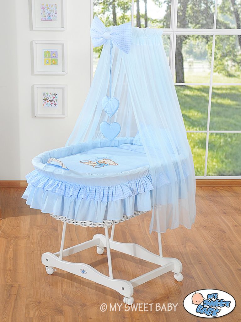 MY SWEET BABY Babykorb Naturfaser Blau mit Holzuntergestell und drehbaren Rädern