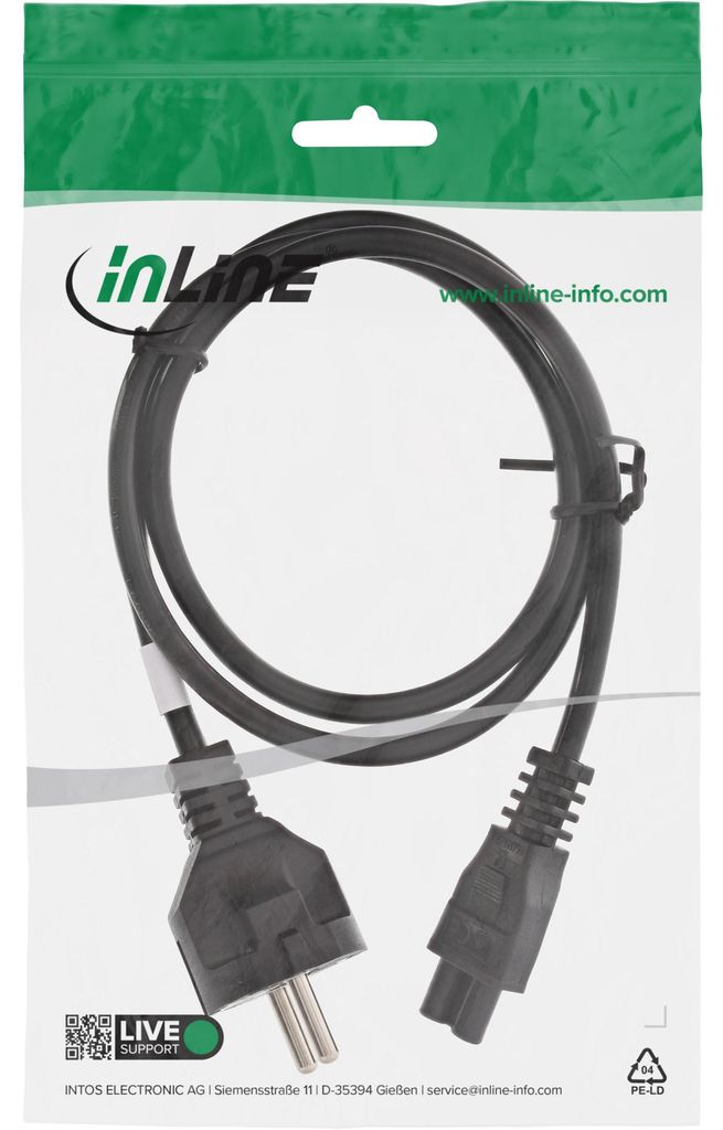 InLine Netzkabel für Notebook, 3pol Kupplung, schwarz, 1m, Produktbild 