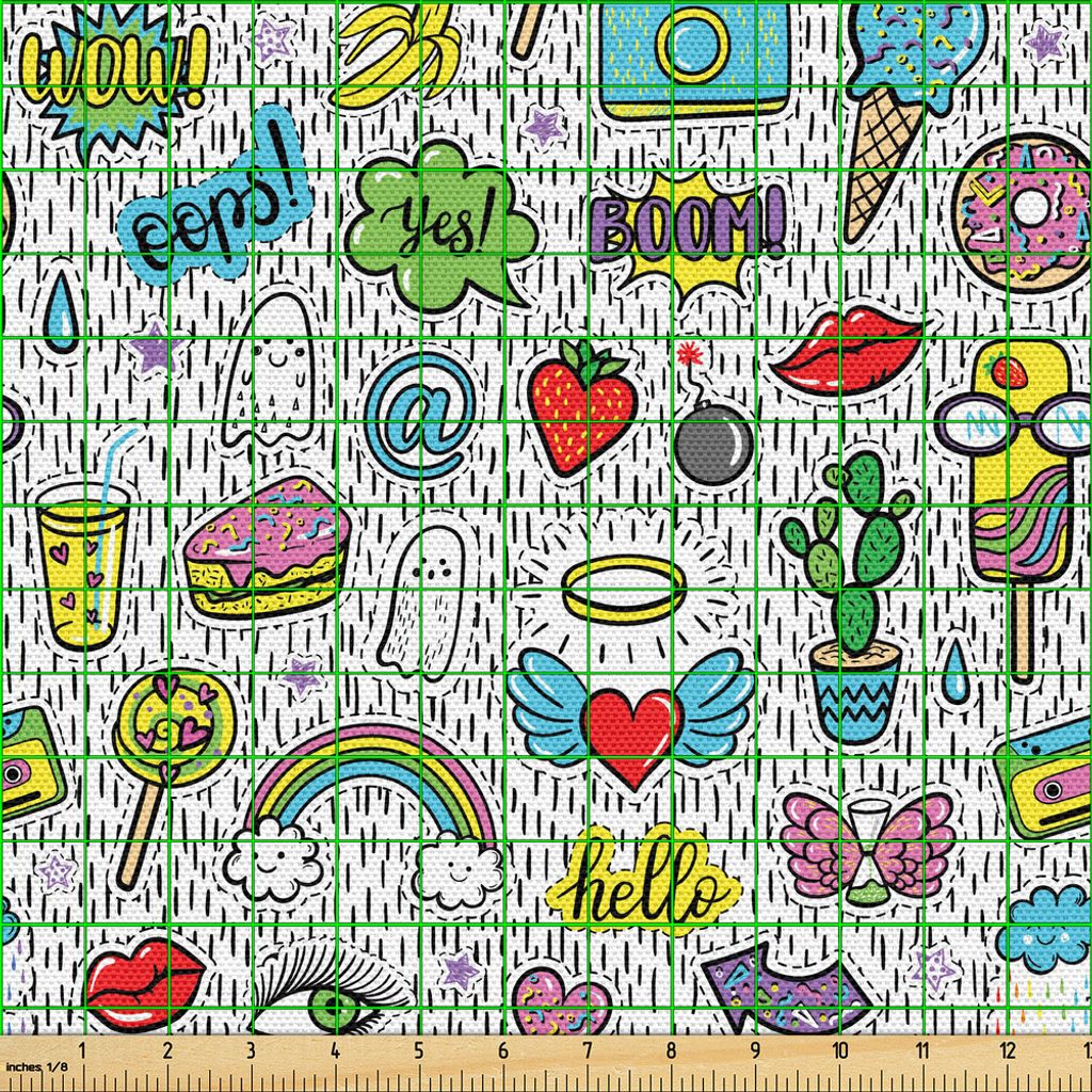 ABAKUHAUS emoji Gewebe als Meterware, Pop-Art handgezeichnete Cartoon Stil Auge Eis Regenbogen Regenbogen Donut Lip Herz Banana Ghost, 2 M (148 x 2...