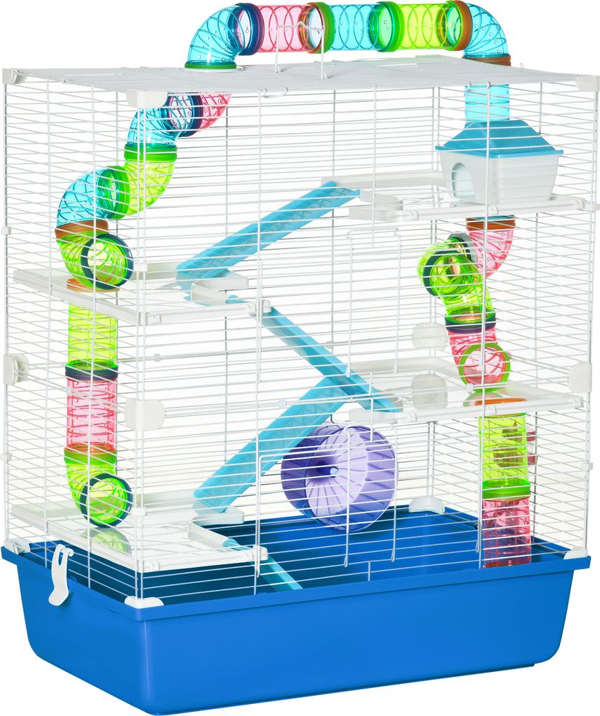 PawHut 5-stöckiger Hamsterkäfig mit Röhren, Haus, Wassertank, Rampen, Schüssel, Plattformen und Rad, Nagerkäfig mit 2 Stahlgriffen, 59x36x69 c...