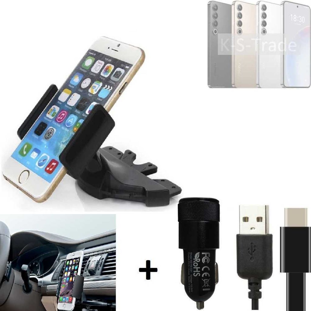 K-S-Trade CD Schlitz Handy-Halterung kompatibel mit Meizu 20 Pro Autohalterung KFZ-Halter Radio Handy Halterung 360° drehbar CD-Schacht inkl. USB-C