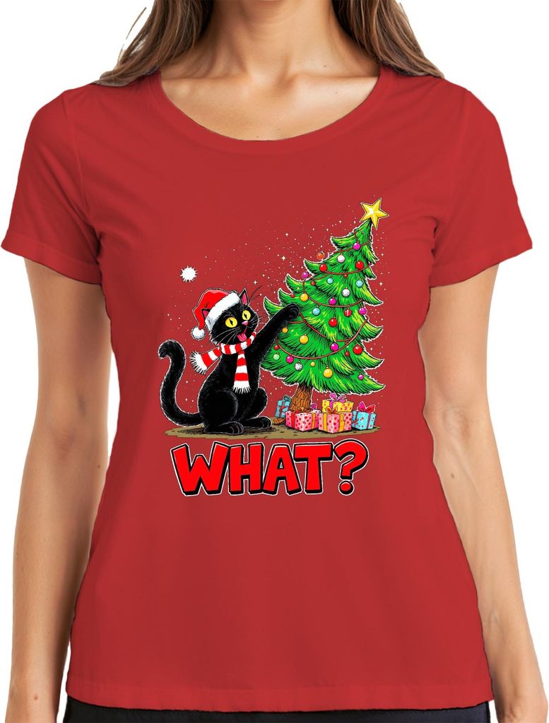 WHAT? schwarze Katze Weihnachten lustig Weihnachtsbaum Geschenke Damen T-Shirt, Rot, S