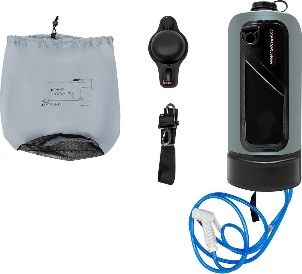 Campingdusche - Solardusche Druck-Duschsack 12 L - 1,9 m Schlauch - max. 53 °C - Ø17,5×43 cm - PVC/PE - Grau/Schwarz