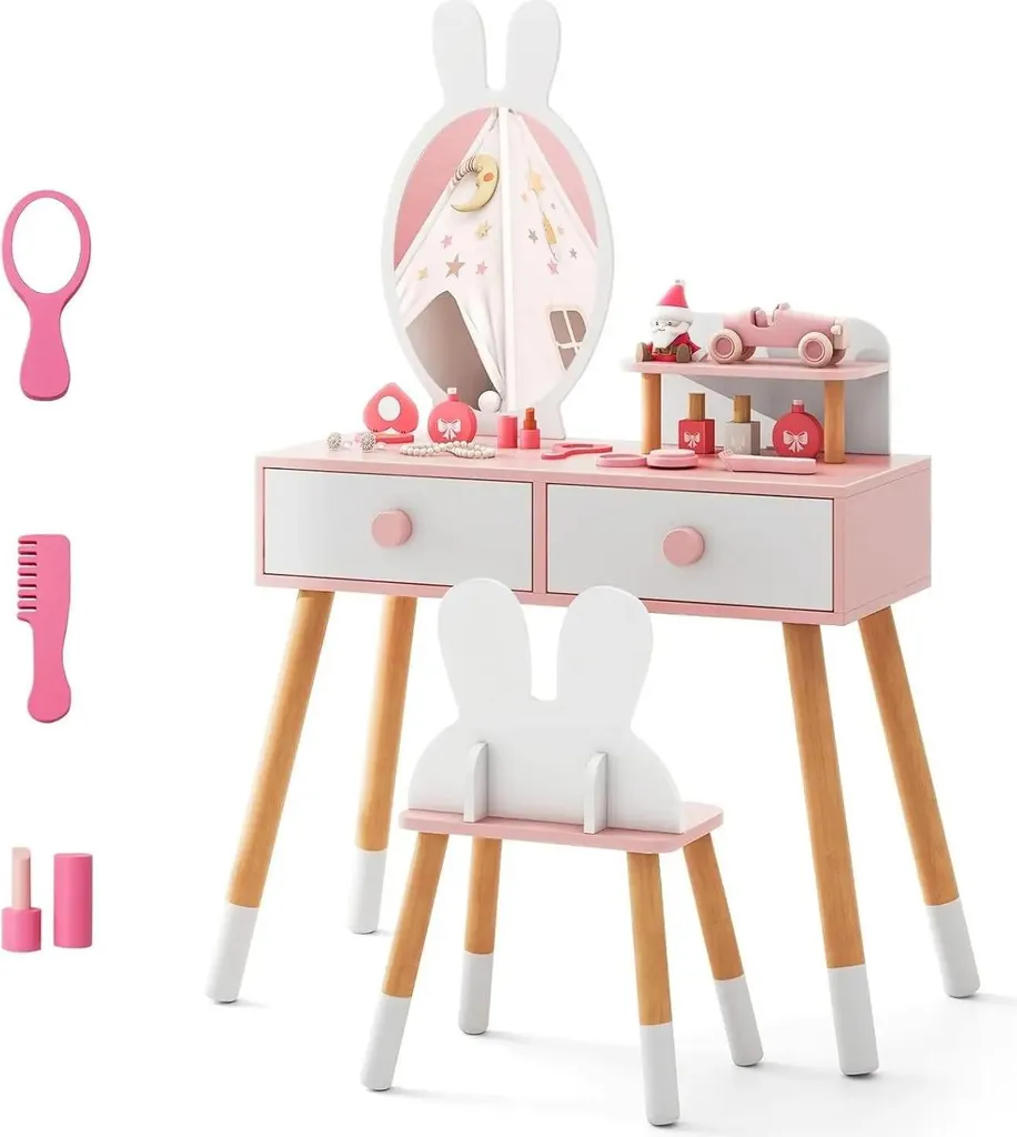 Coiffeuse enfant lapin bois blanc : la solution gain de place et rangement