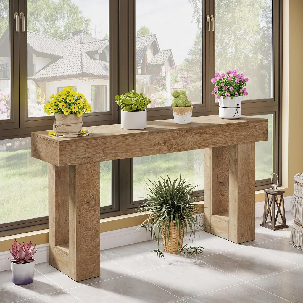 Table de Canapé 160 cm pour Salon, Console Déco Rectangulaire Bois Clair - 6