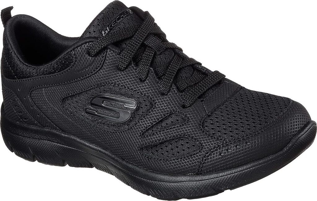 A black Skechers sneaker is shown from a side angle on a white background.