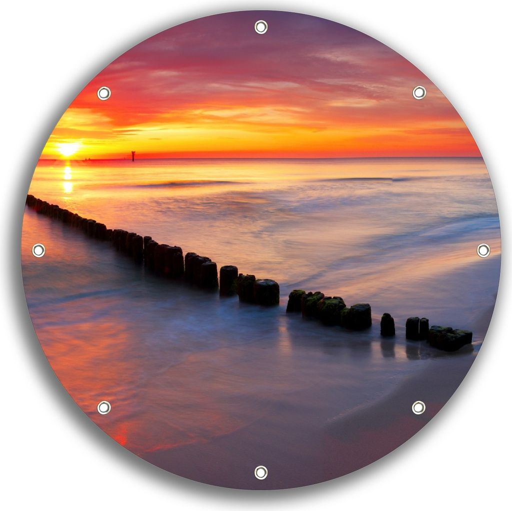 Wallario rundes Outdoor-Poster für Garten oder Balkon, Motiv Farbenspiel im Himmel - Sonnenuntergang am Strand, 30 cm Durchmesser