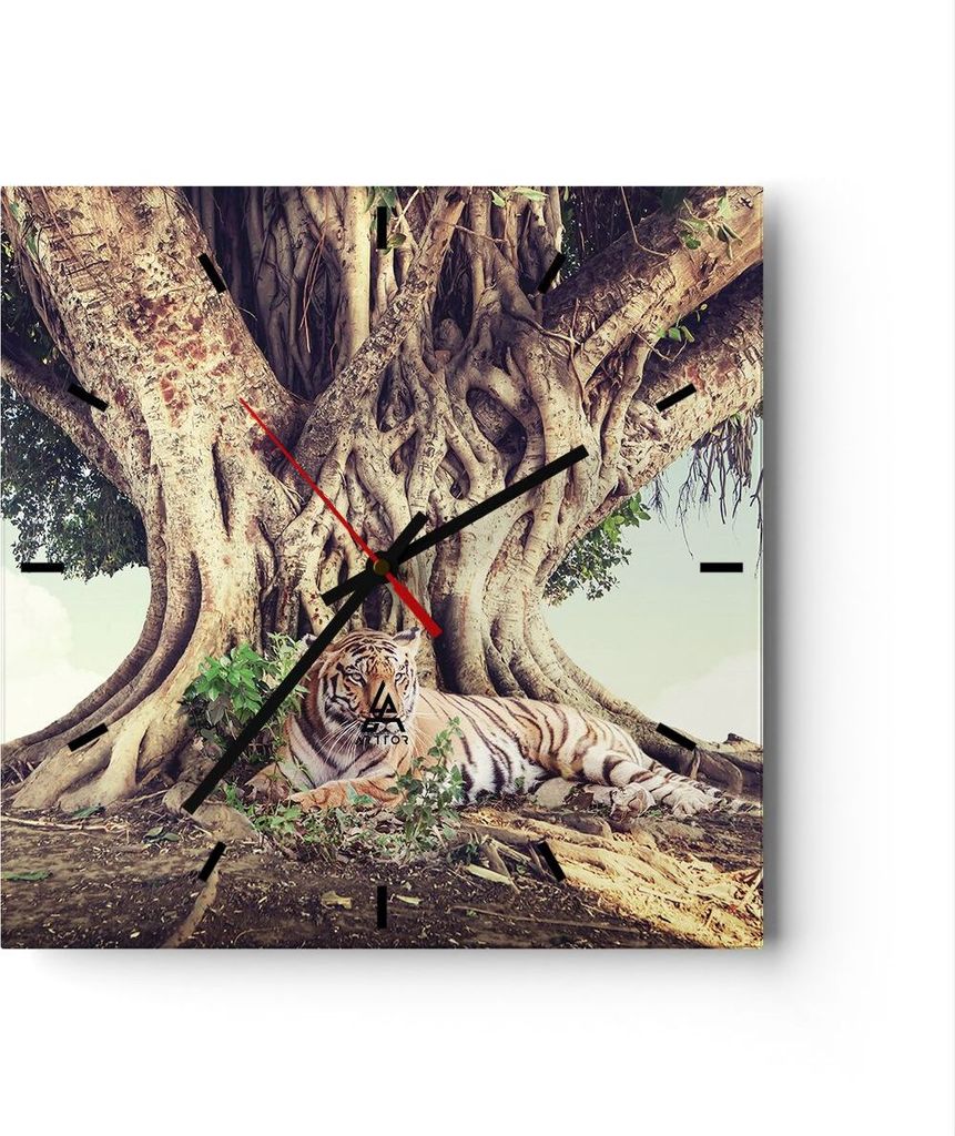 Wanduhr - Quadrat - Glasuhr - Tiger Wild Baum - 30x30cm - Schleichendes Uhrwerk - Lautlos - zum Aufhängen bereit - Dekoration Modern - Wanddekorat...