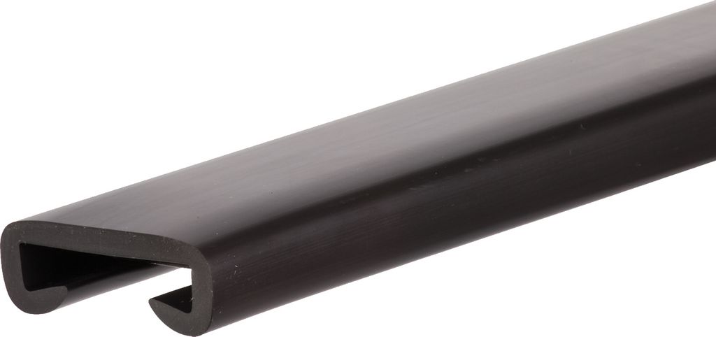 A close-up, studio shot of a black PVC handrail profile against a white background.