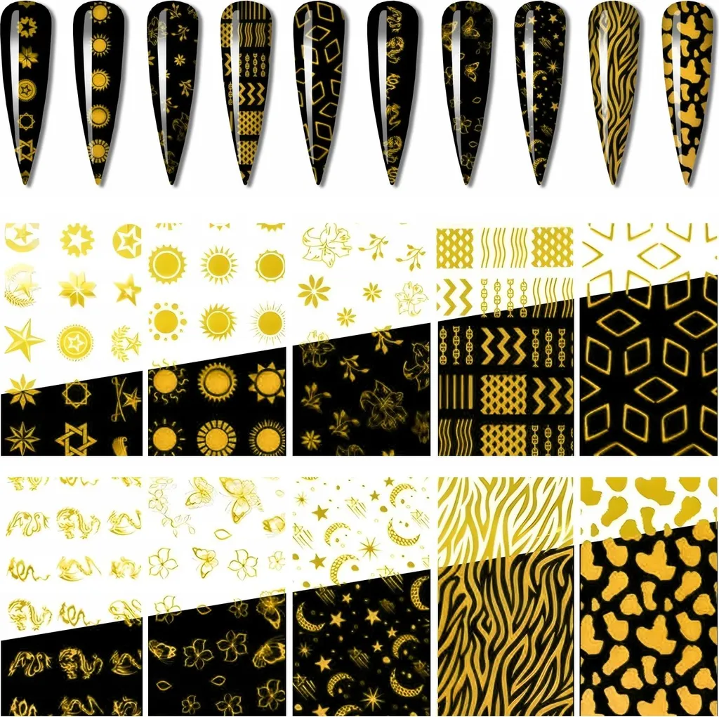 10 Rotoli Pellicola Unghie Transfer Gold & Zebra Print 100x4cm Top Quality