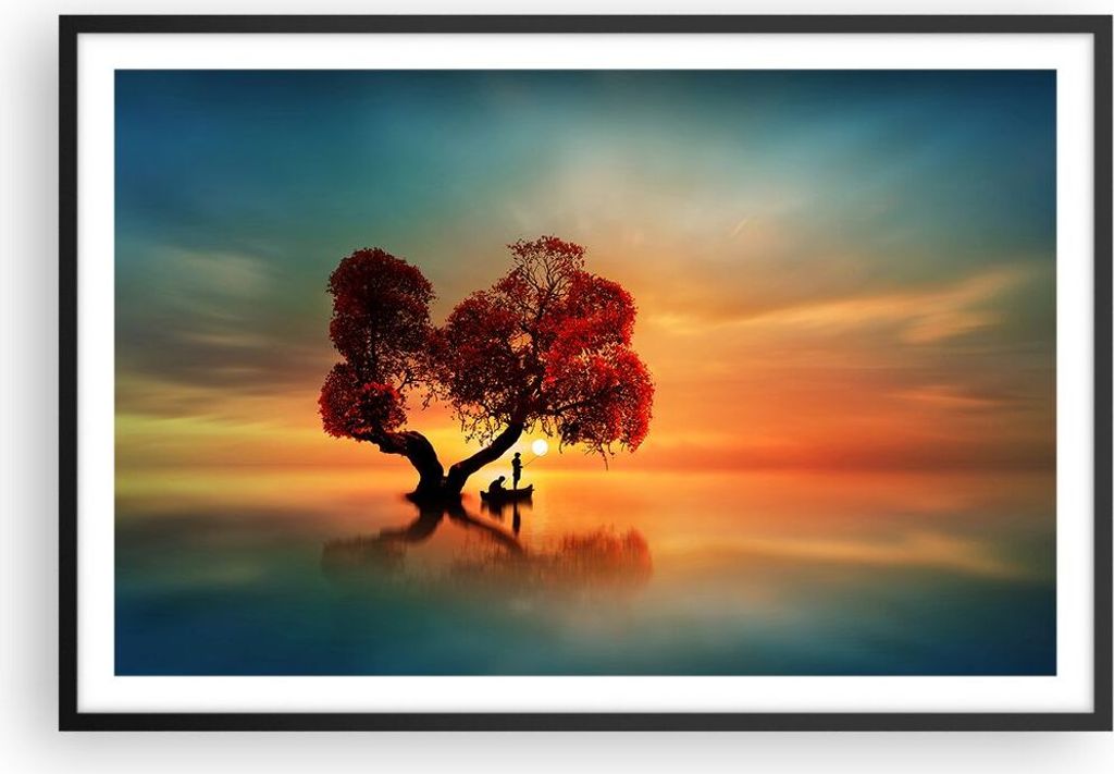 Gerahmtes Poster - Schwarzer Rahmen - See Natur Nacht - 91,5x61 cm - Wand Bild - Wanddeko - Wandbilder - Kunstposter - Wandposter - Bilderrahmen - ...