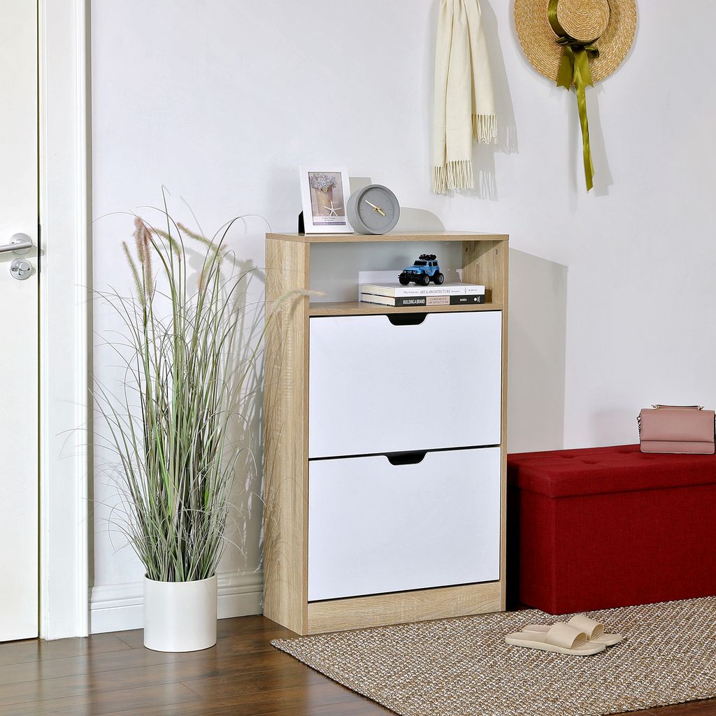 VASAGLE Schuhschrank mit 2 Klappen | Schuhregal mit Zusatzfach | 102 x 60 x 24 cm Schuh-Organizer Schuhaufbewahrung Weiß-Natur LBC04NW