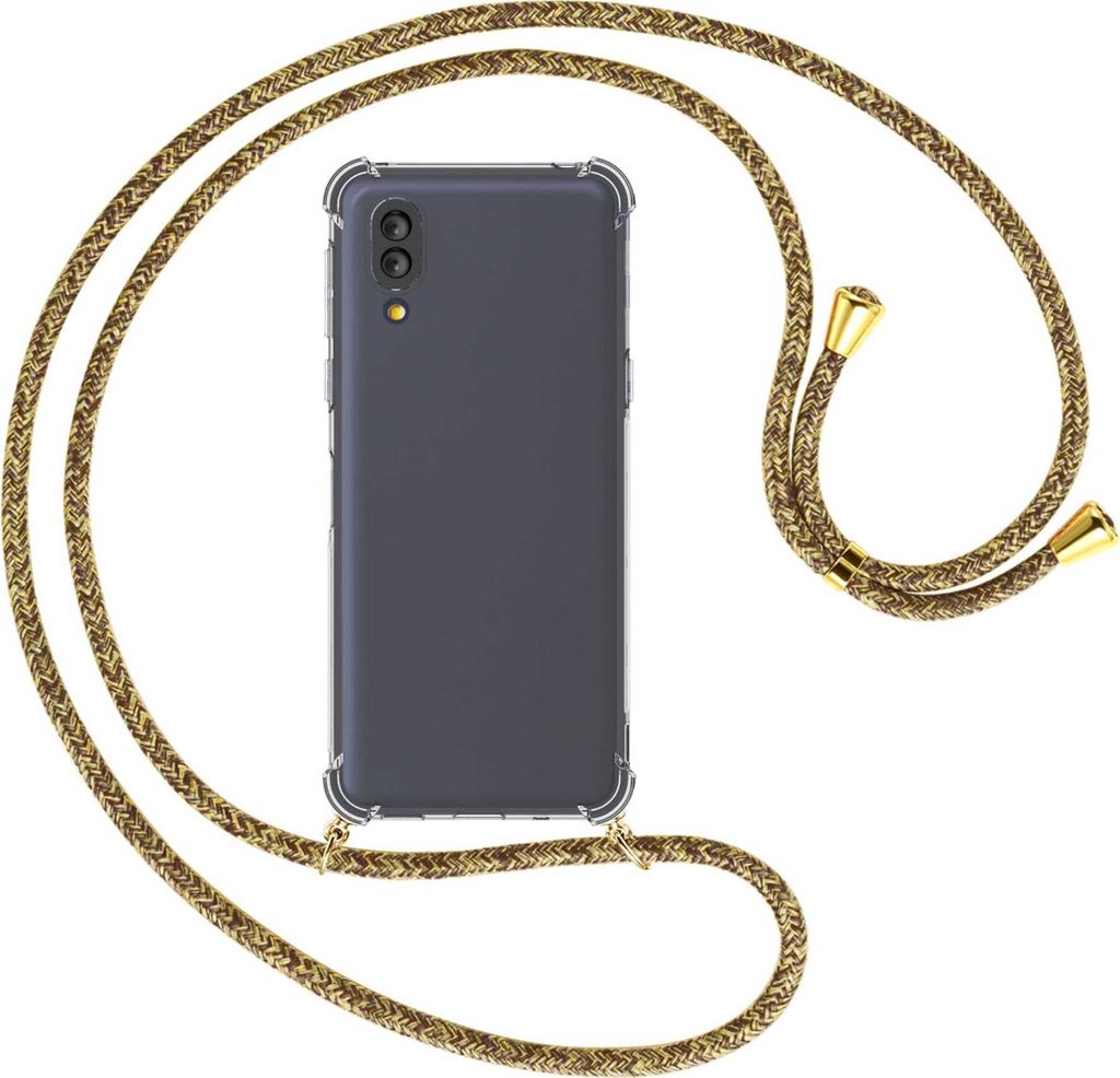Handykette Backcover-Schutzhülle mit Band (Metall goldfarben) für Sharp Basio Active / Active 2nd - braun+beige