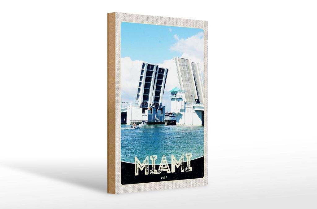 Holzschild Reise 20x30cm Miami Amerika USA Brücke Schiffe