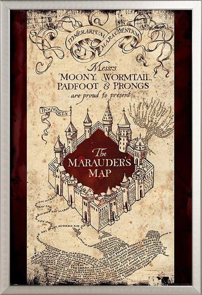 Poster Carte du Maraudeur Harry Potter : Cadre Alu et Vitre Acrylique