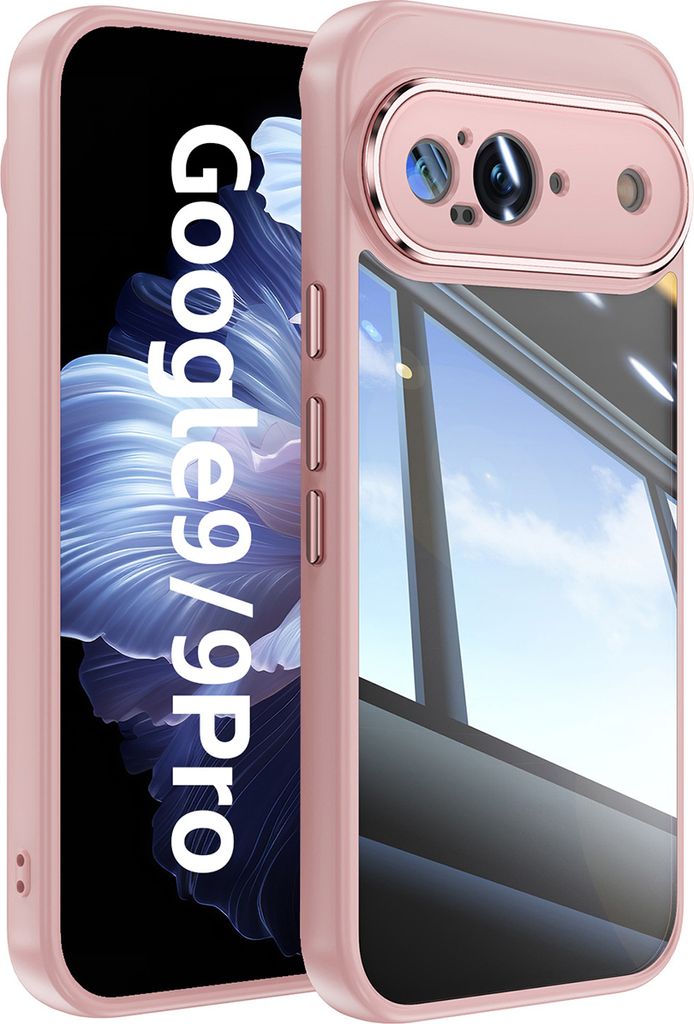 Handyhülle für Google Pixel 9 / Pixel 9 Pro Hybrid Transparent TPU PC Militärschutz mit Kameraabdeckung Pink