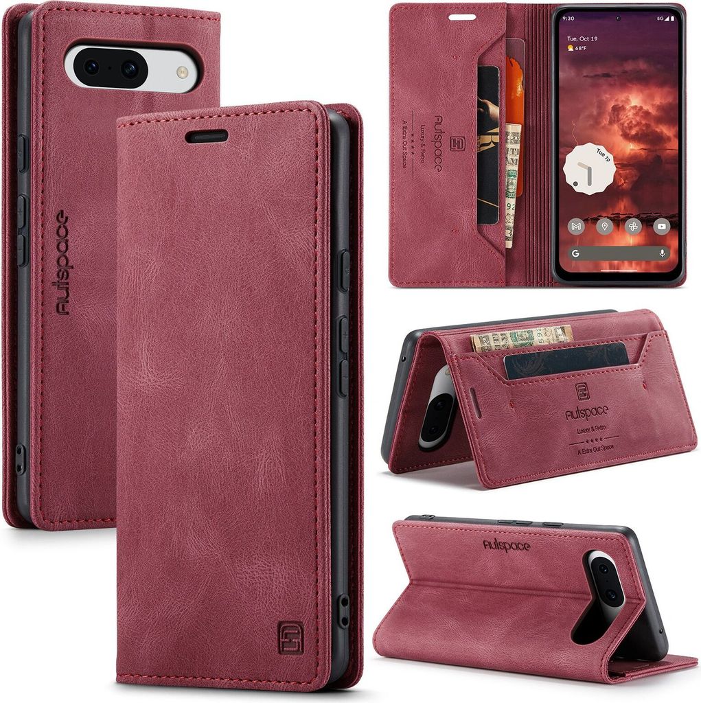 Google Pixel 8A Hülle, Retro Kunstledertasche Stand Schutzhülle für Google Pixel 8A Rot