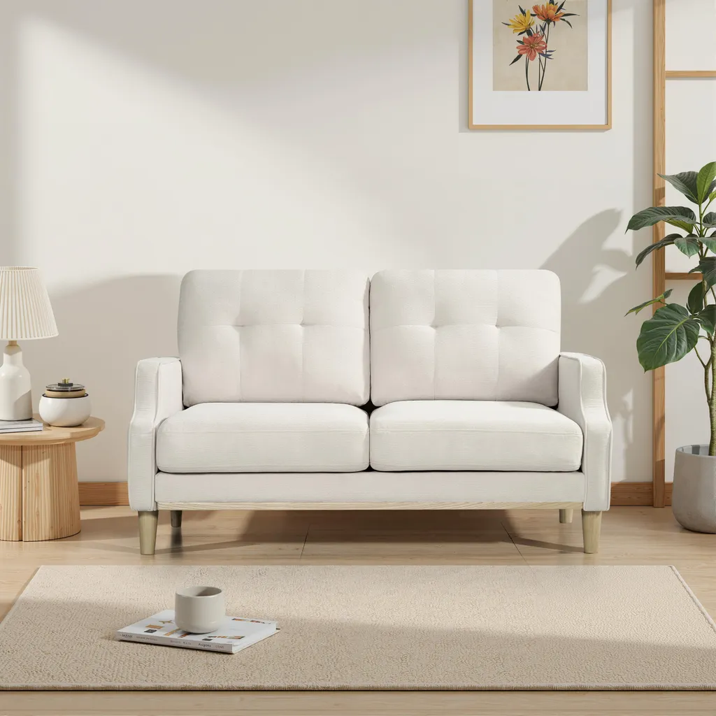 Canapé 2 places 135 cm beige avec ports USB intégrés et pieds en bois