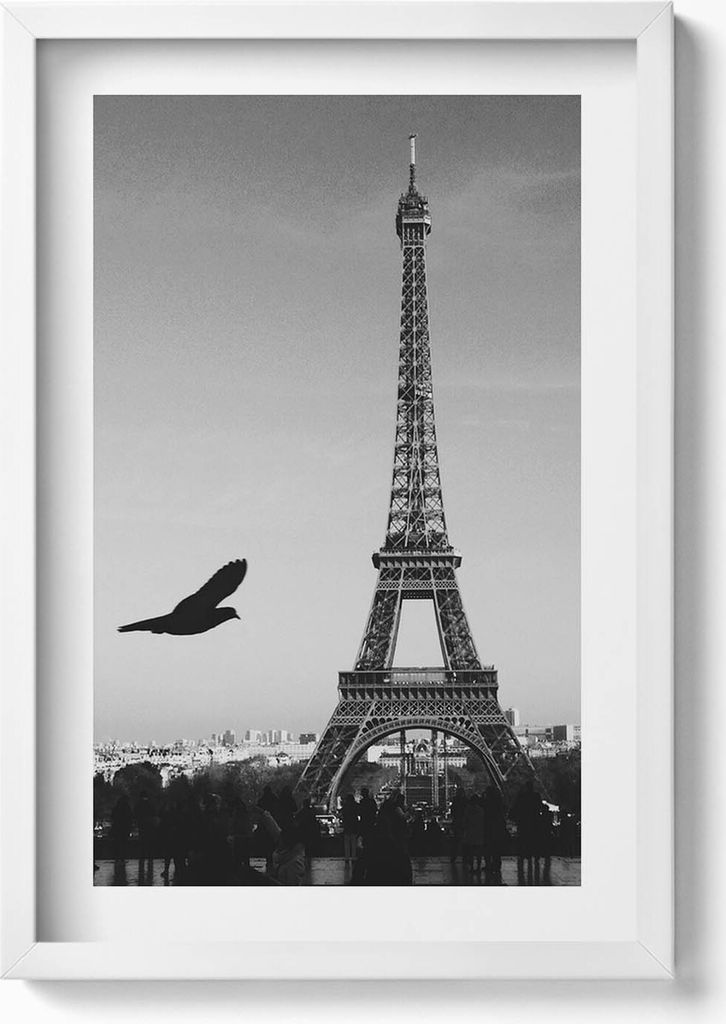 Eiffelturm und der fliegende Vogel Paris– Wandbild mit Rahmen – Gerahmtes Bild – Wanddekoration – 40x60 cm – Weiß