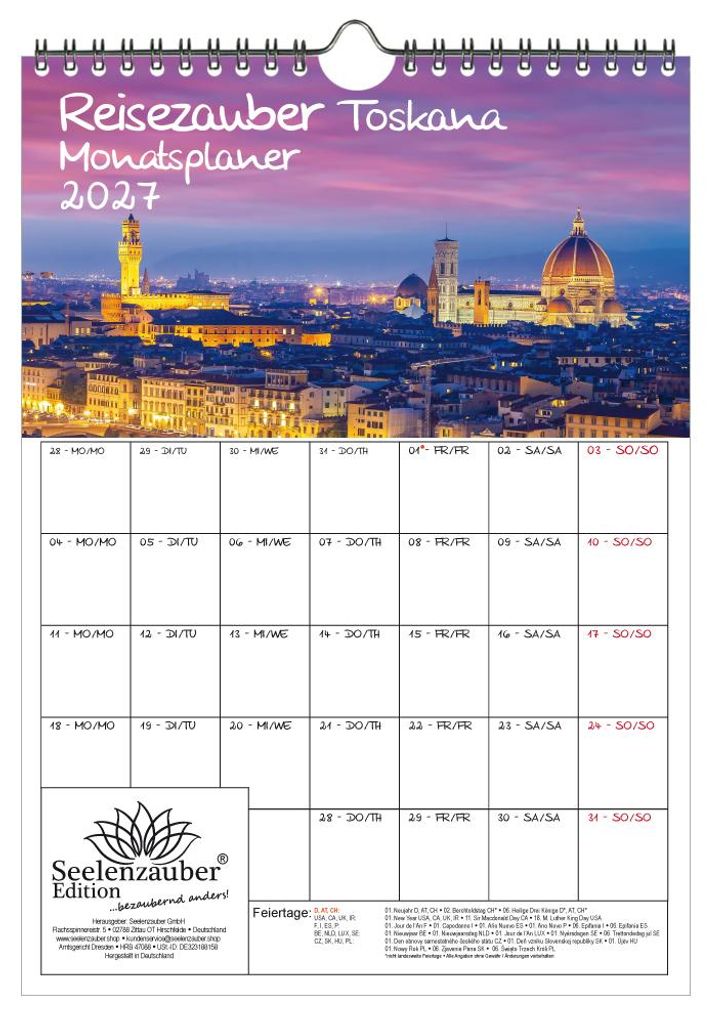 Reisezauber Toskana Planer DIN A4 Kalender für 2027 Urlaub Mediterran Italien - Geschenkset Inhalt: 1x Kalender, 1x Weihnachtsanhänger (insgesamt...
