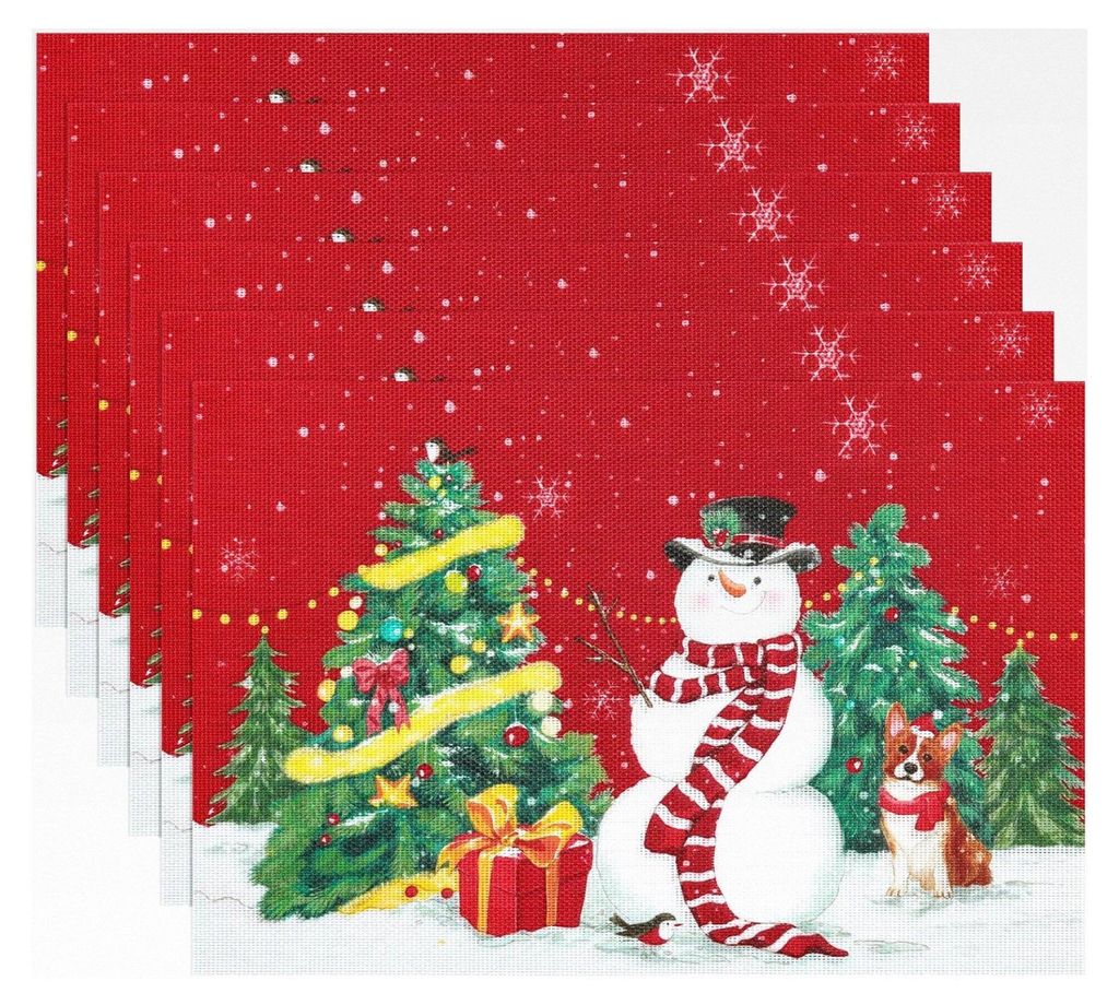 Tischsets Weihnachten mit Weihnachtsbaum- und Schneemannmotiv, abwaschbar, rutschfest, hitzebeständig, PVC, Set mit 6 Stück
