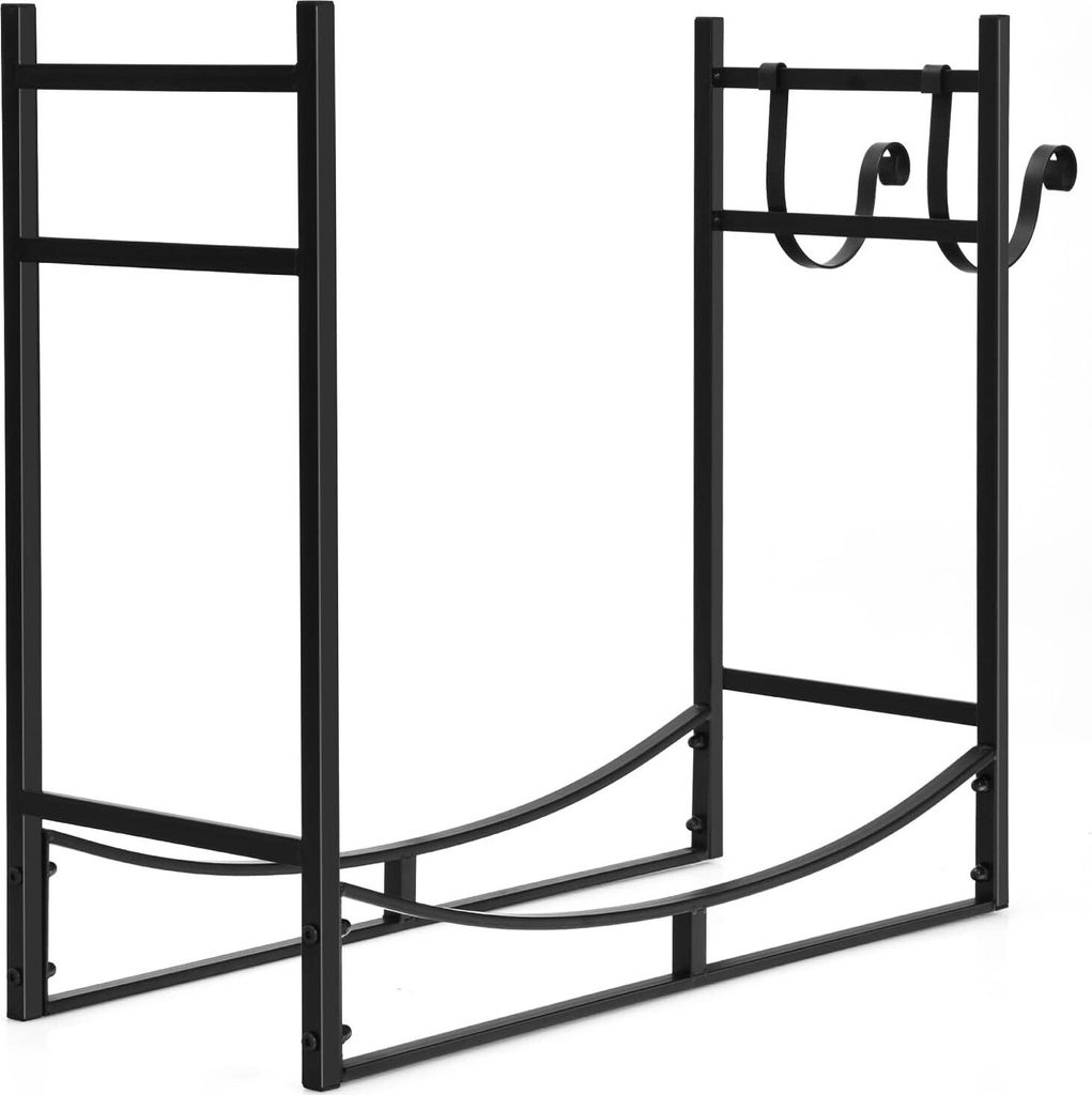 GOPLUS Kaminholzregal, 83 x 33 x 77 cm Brennholzregal, robuster Kaminholzständer aus Stahl mit 2 abnehmbaren Häkchen, Feuerholzregal für Innen- ...