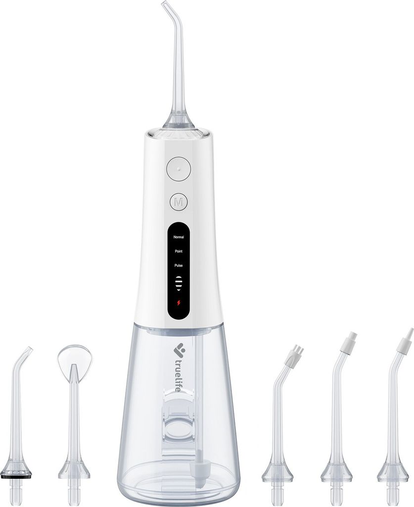 A white water flosser with multiple attachments is displayed against a white background.