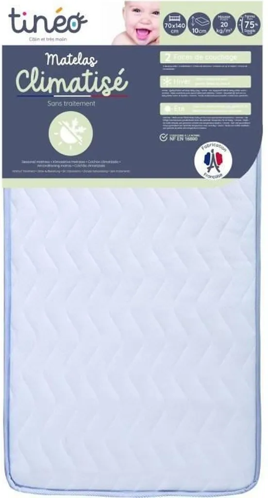 Matelas bébé 70x140 cm Tineo déhoussable en mousse haute densité blanc
