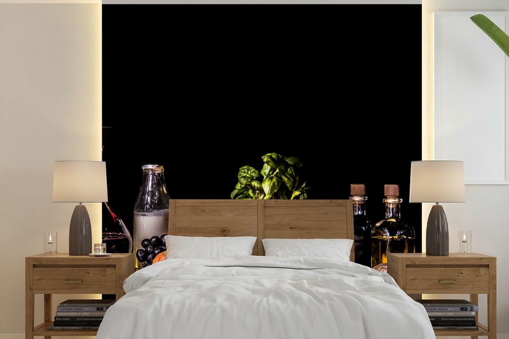 MuchoWow Fototapete für Wohnzimmer oder Schlafzimmer Wandtapete Vinyl Motivtapete Stilleben - Essen - Trinken - Obst - Schwarz - 220x220 cm - Ta...