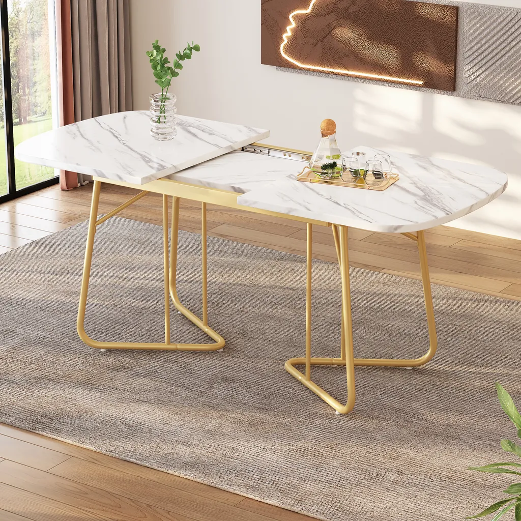 Table à manger extensible MODFU 140-180cm, MDF blanc et métal doré chic