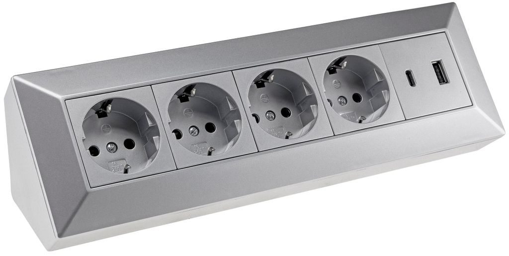 4-fach Steckdosenblock USB-A+C silber 250V/ 16A Produktbild 