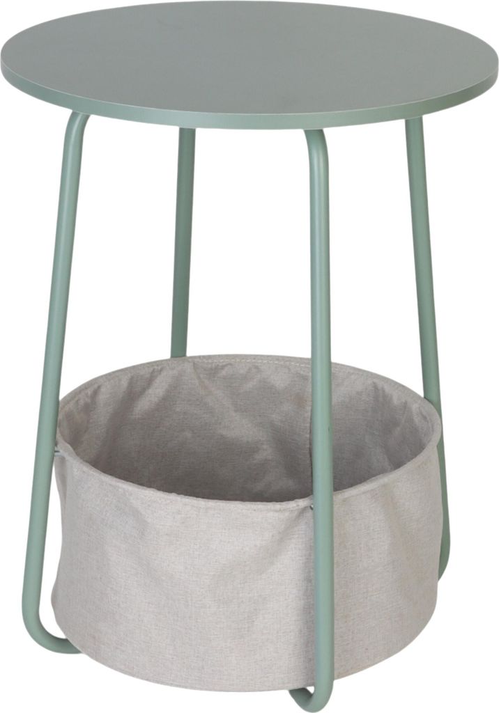 Relaxdays Beistelltisch, runder Couchtisch, mit Stoffkorb, HD: 50x40 cm, Kaffeetisch Wohnzimmer, MDF & Metall, mint/grau