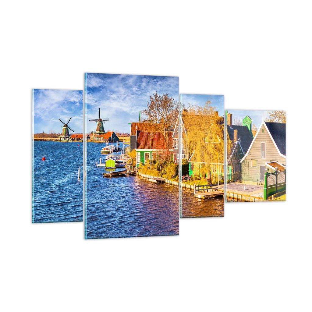 Bilder auf glas - Landschaft Windmühle Wasser Dorf - 120x70cm - Glasbilder - Wandbilder - Kunstdruck - zum Aufhängen bereit - Wanddekoration aus ...