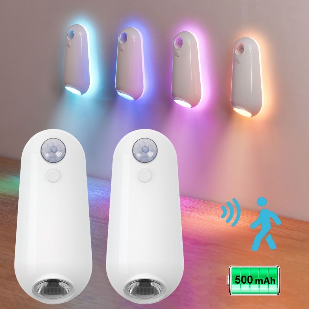 Two white motion-activated LED night lights are shown in the foreground, with four similar lights mounted on a wall in the background, emitting colorful light.