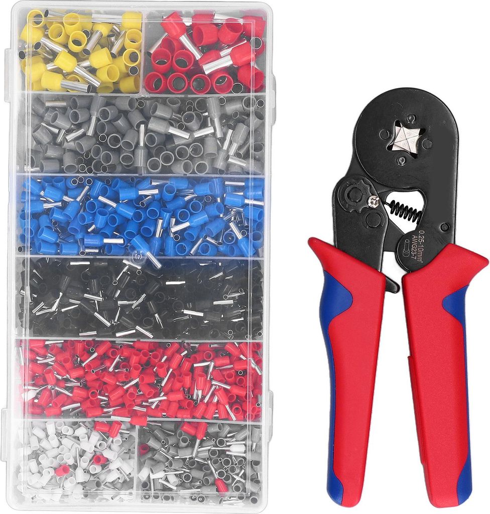 Selbsteinstellende Crimpzange mit 1200 Aderendhülsen für 0,25–10 mm²