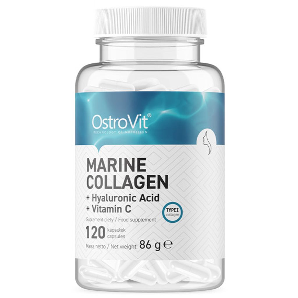 A clear, well-lit studio shot of a bottle of OstroVit Marine Collagen supplement.