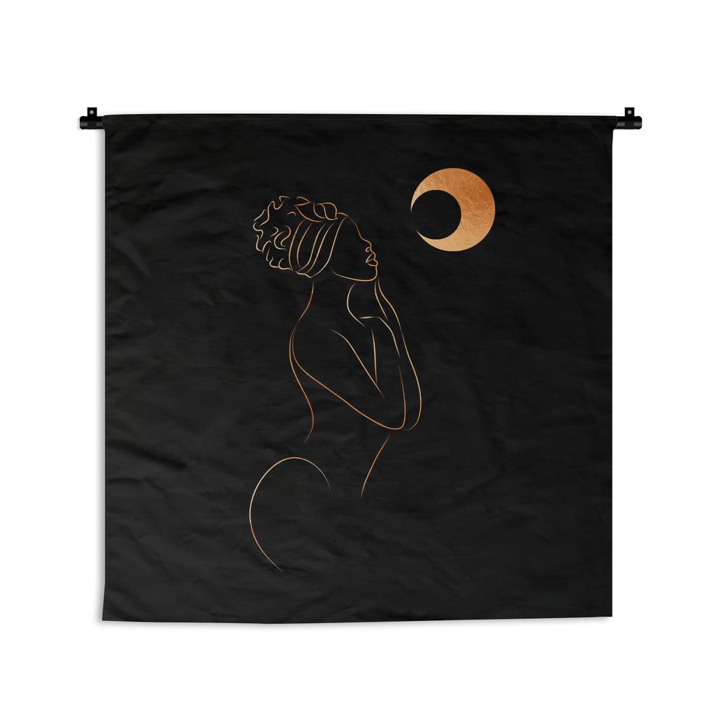 MuchoWow Wandteppich Wandbehang Frau - Mond - Schwarz und Gold - Strichzeichnung 150x150 cm Tapisserie Dekoration Wandtuch - Wohnaccessoires - Mo...