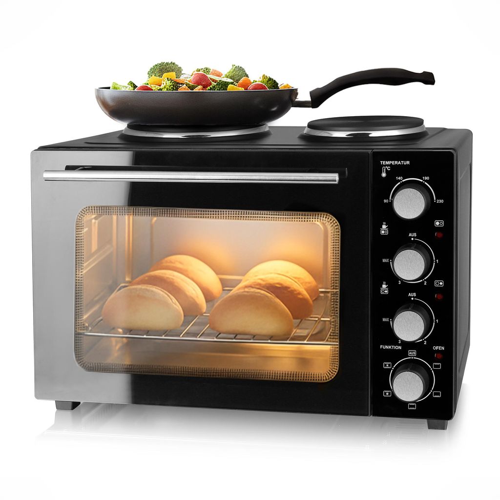 Emerio Mini-Backofen – 2 Kochplatten – 90–230 °C – Ober- & Unterhitze – Umluftfunktion – Innenbeleuchtung – Gitterrost + Backblech ...