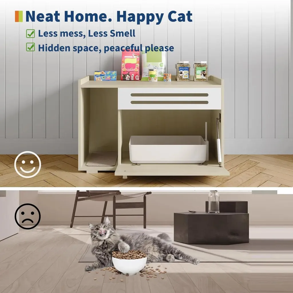 Table d'appoint pour salon avec cache-litière chat intégré en bois