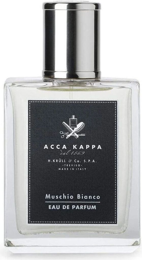 A clear, front-facing studio shot of a bottle of Acca Kappa Muschio Bianco Eau de Parfum.